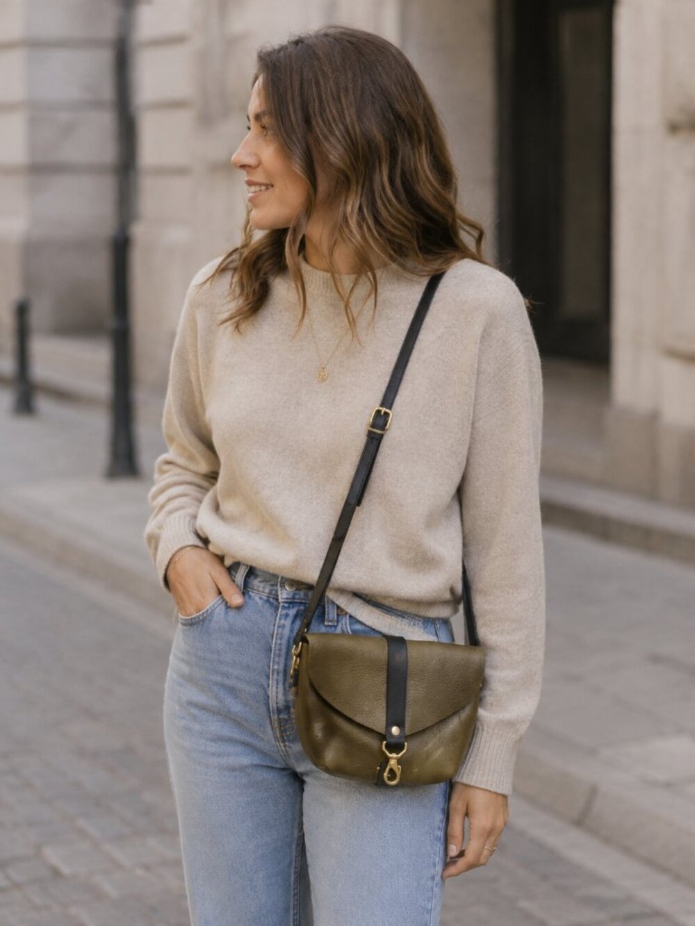 Glad & Young Studio Big Sister Full Grain Leather Crossbody Bag Olive /Black